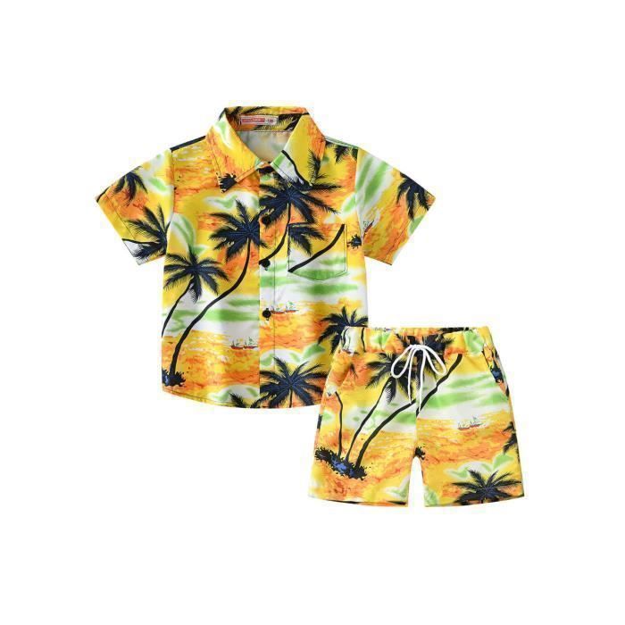 Conjunto de camisa hawaiana de manga corta y pantalones cortos de playa con cintura elástica, conjunto de verano de 2 piezas para niños - Amarillo