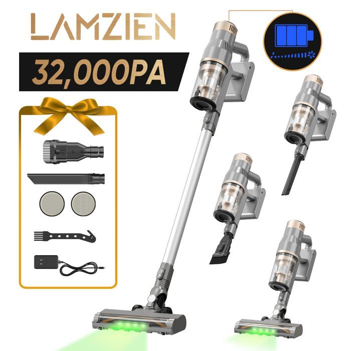 Aspirateur Balai Sans Fil LAMZIEN V12PRO - 32kPa - 40 min d’autonomie - Anti-Enchevêtrement - Lumière LED Verte - Autoportant