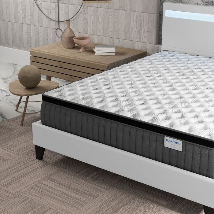 Colchón y cama (140x200cm) - Elekctra 30cm Muelles ensacados y espuma viscoelástica + Base de láminas estable y cabecero LED Blanco