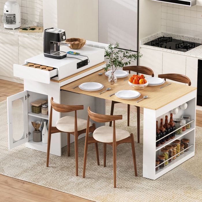 Uitschuifbaar keukeneiland met opbergruimte, modern minimalistisch dressoir, 83 × 46-146,5 × 96 cm, voorzien van een stopcontact, wit