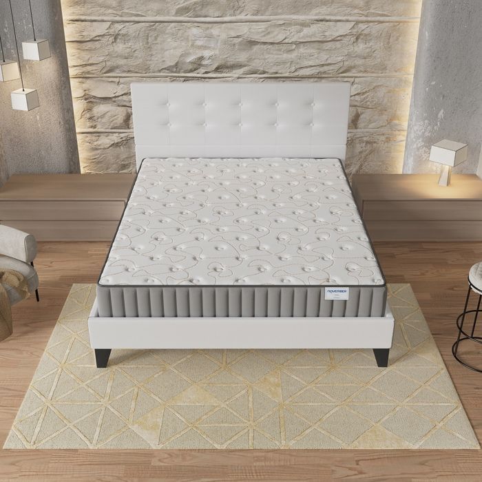 Conjunto de colchão e cama (140x190cm) - Orionis 22cm Espuma Viscoelástica e Espuma de Alta Densidade + Base de ripas estável e cabeceira estofada branca