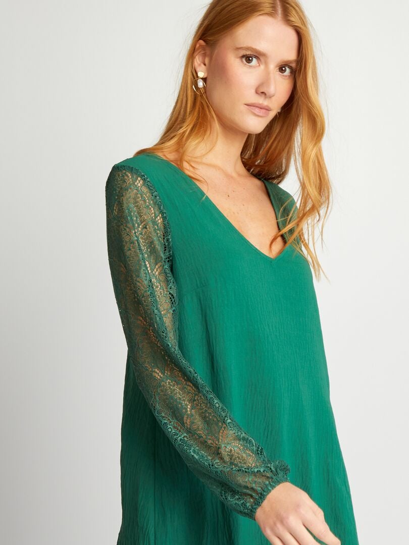 Vestido corto de crepé y encaje - VERDE
