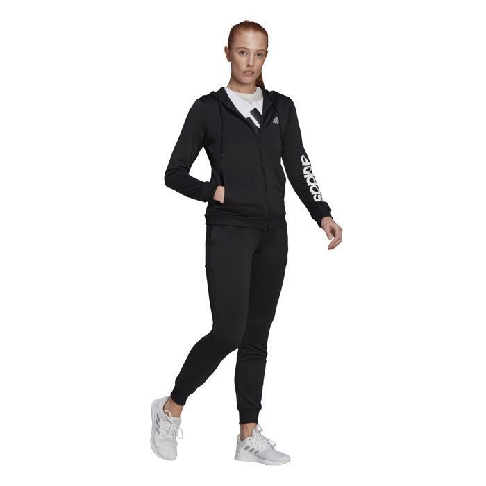 Chándal Adidas Essentials para mujer con logo, tejido French Terry, negro, manga larga, para fitness.