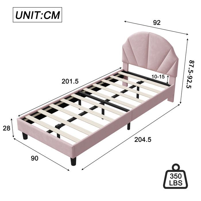 Cama infantil feminina 90x200cm, cama de solteiro estofada, cabeceira ajustável em altura, estrutura de cama com estrado de ripas, veludo rosa.