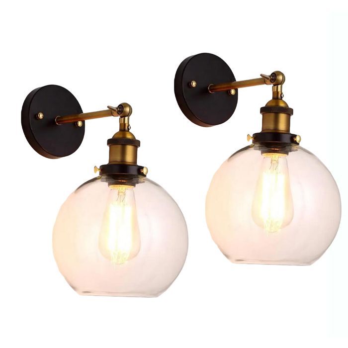 Diday, set da 2 applique industriali in vetro, lampada da parete vintage E27 con paralume rotondo in stile Edison, luce da parete regolabile a 180°