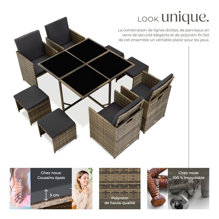 Conjunto de jardín - TECTAKE - Conjunto de salón de jardín de 8 plazas con fundas BILBAO, sillones apilables, resina tejida - Marrón natural