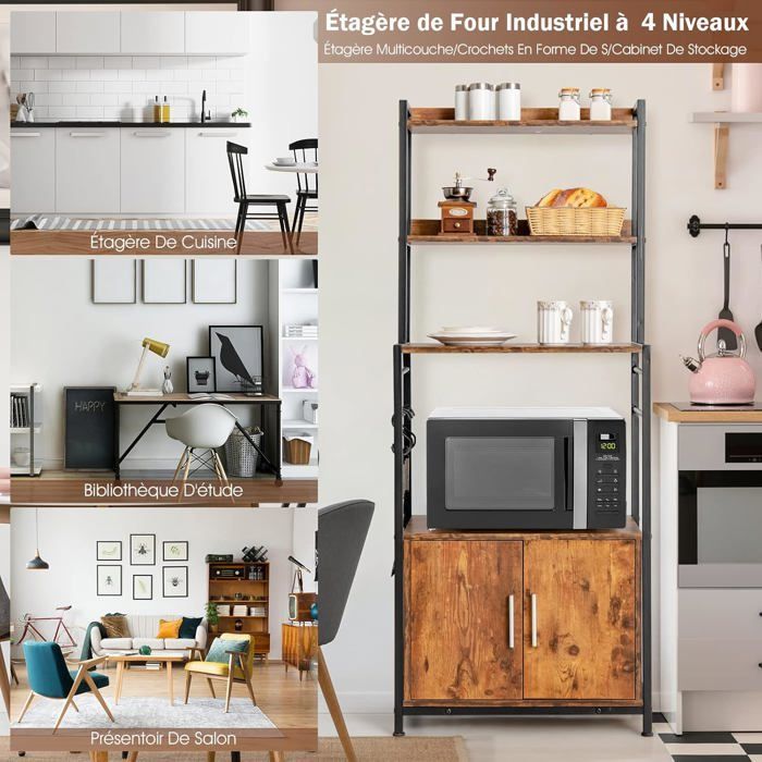 COSTWAY Étagère de Cuisine à 4 Niveaux, 60 x 40 x 150 CM, Desserte pour Four à Micro-ondes avec Crochets en S, Style Industriel