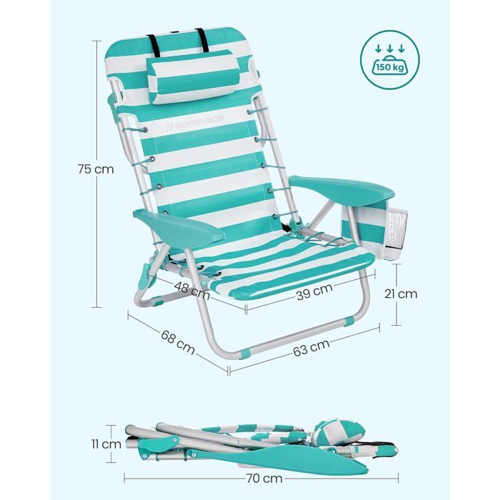 Silla de playa portátil, reposacabezas, respaldo ajustable, portavasos, bolsillo, capacidad de carga de 150 kg, rayas verdes y blancas GCB62JW