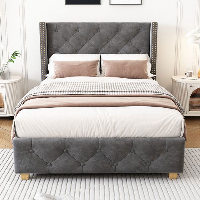Cama individual tapizada - TKOPY - Cama infantil de 90x200 cm, cama juvenil con somier de láminas, terciopelo gris