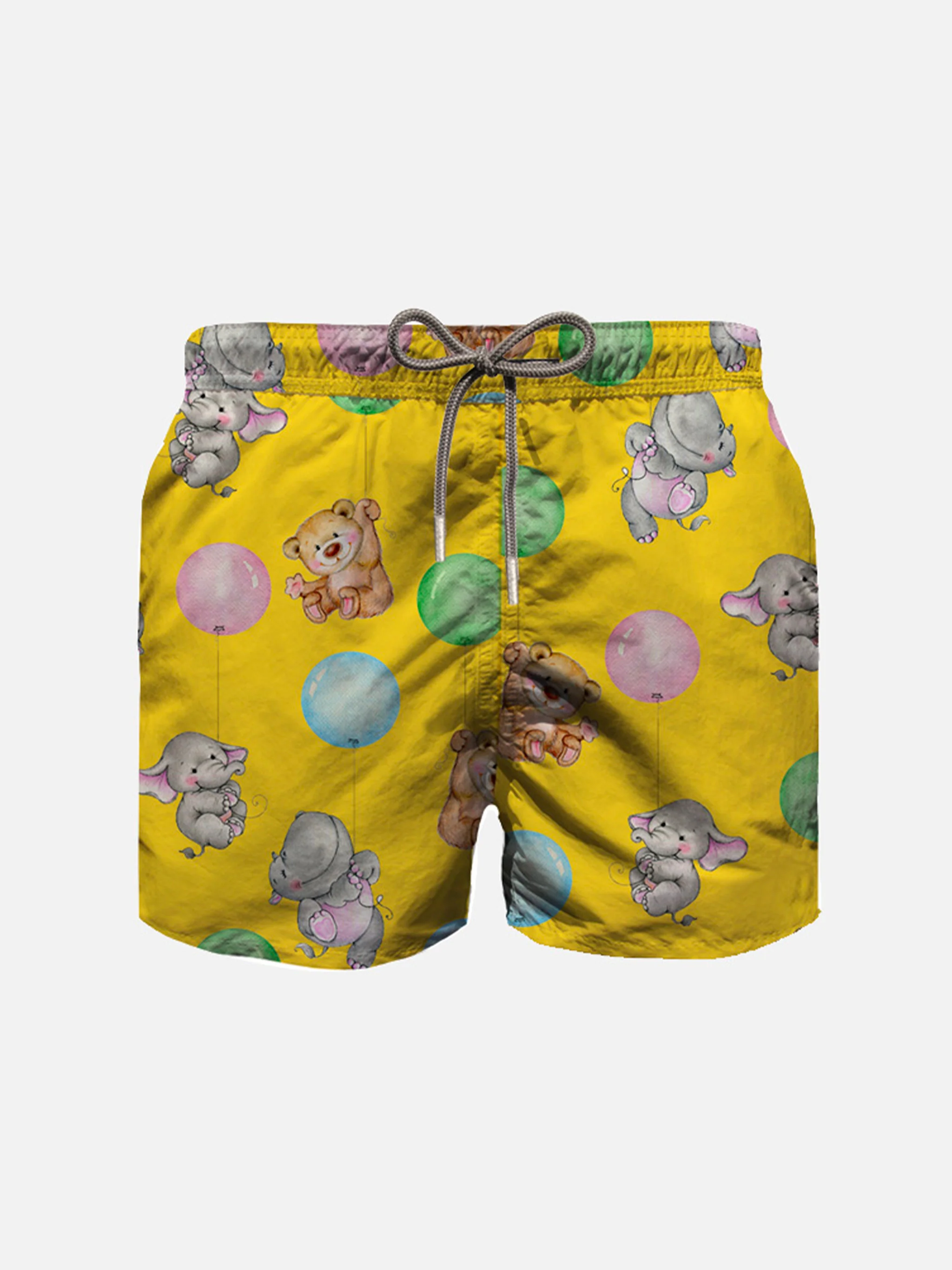 Traje de baño de algodón para niño con estampado de cachorros y globos.