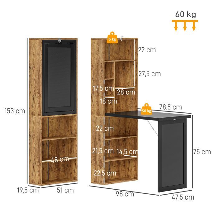 Desk with storage - HOMCOM - foldable - bookcase, workstation, blackboard, adjustable shelf - MDF - 98x51x153cm - brown