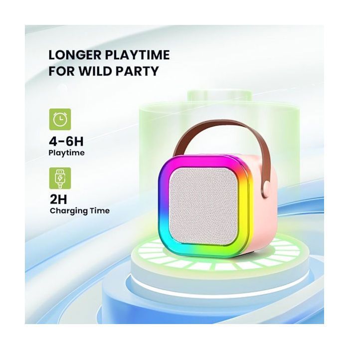 Mini portable karaoke with Bluetooth speaker and 2 wireless microphones, ideal gift for birthday parties.