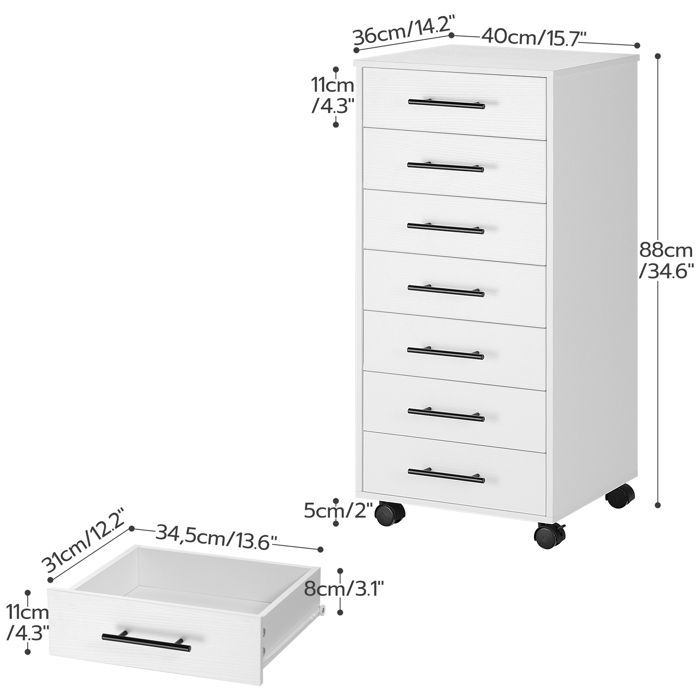 HOOBRO Caisson de Bureau 7 tiroirs, Meuble de Rangement Mobile, Placard de Rangement pour Dossier, pour Documents, Blanc