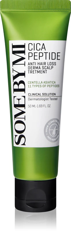 Some By Mi Cica Peptide Derma Scalp Treatment é um condicionador hidratante e calmante que combate a queda de cabelo.
