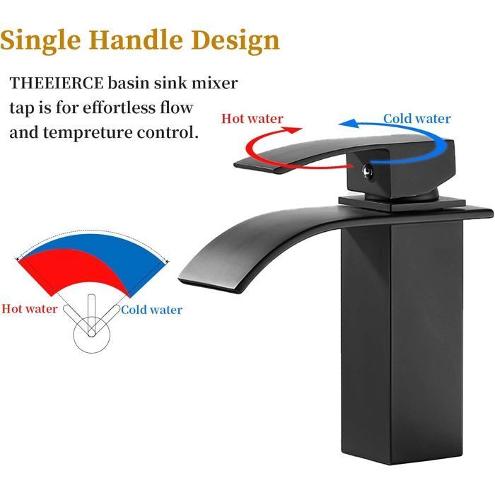 Miscelatore per lavabo a cascata - Rubinetto per bagno - Miscelatore acqua calda e fredda - Nero opaco