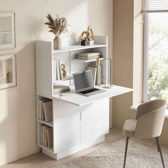Escritorio para ordenador - HOMCOM - diseño plegable con tablero abatible, estantes y armario - madera - 80x30x128cm - blanco