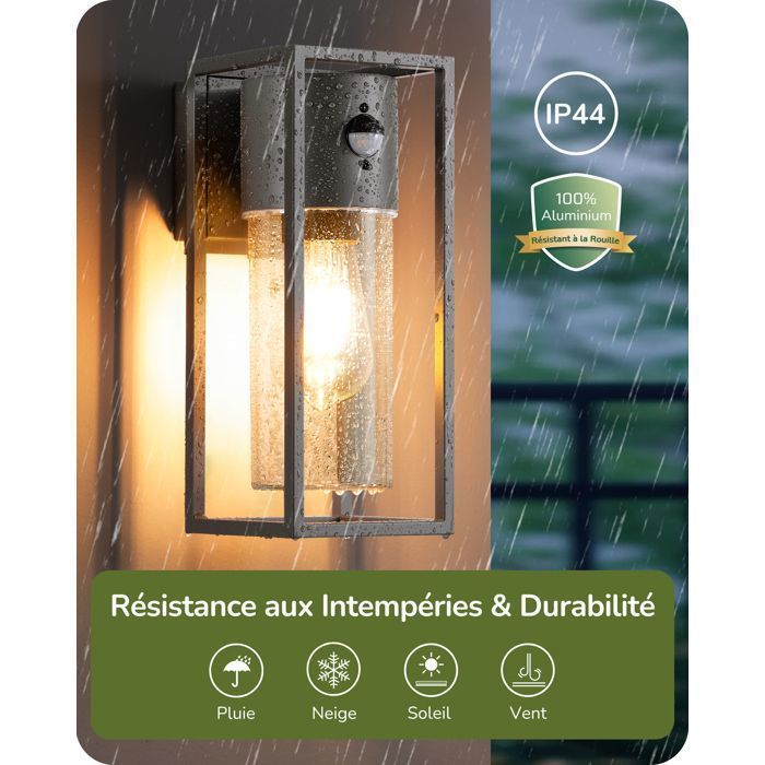 EDISHINE Applique Murale Extérieure avec Détecteur de movement, Étanche IP44, Douille E27, Ampoule non Incluse, Gris Foncé