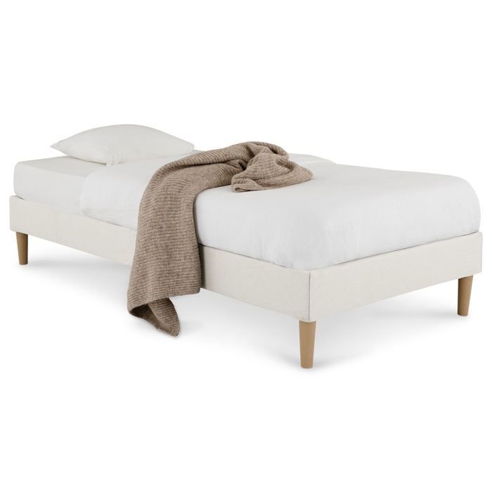 Base de cama tapizada PAIMPOL de 90 x 190 cm, estructura de madera y tapizado de tela blanco crema, estructura de cama con patas.
