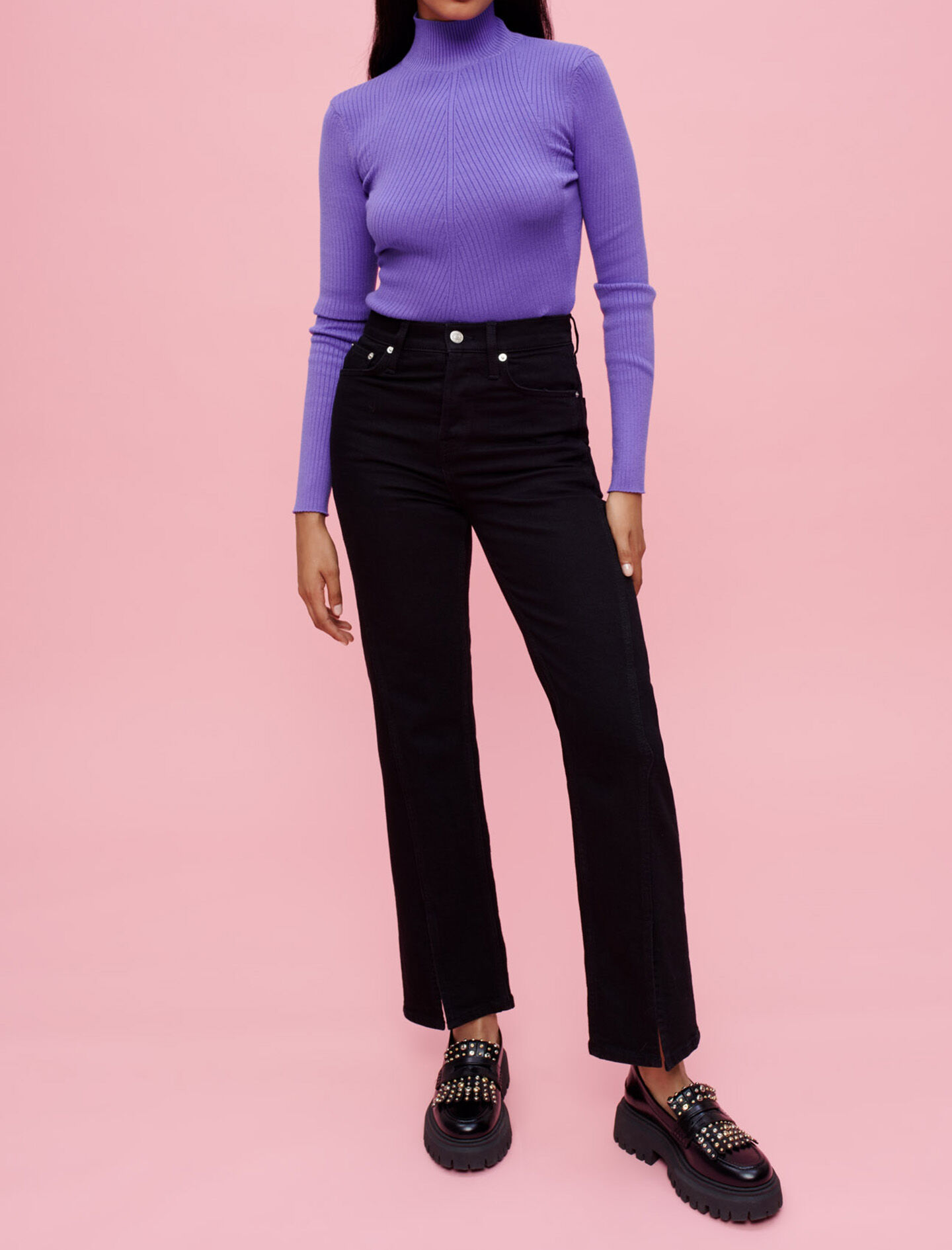 Jeans met hoge taille en splitten aan de voorkant - Zwart
