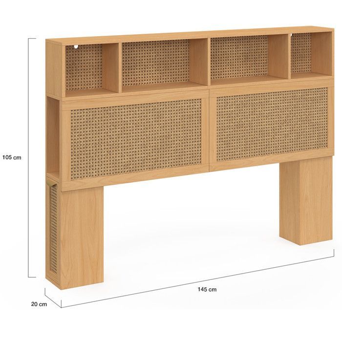 Cabecero IDMARKET EDHEN de 145 cm con almacenamiento cerrado y nichos de caña y madera.