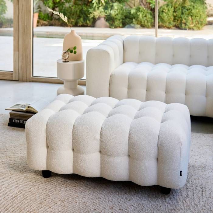 Pouf. module pour canapé. repose-pieds pour canapé d'angle 3 places en bouclette texturée crème L 115 x P 70 x H 48cm - Leon