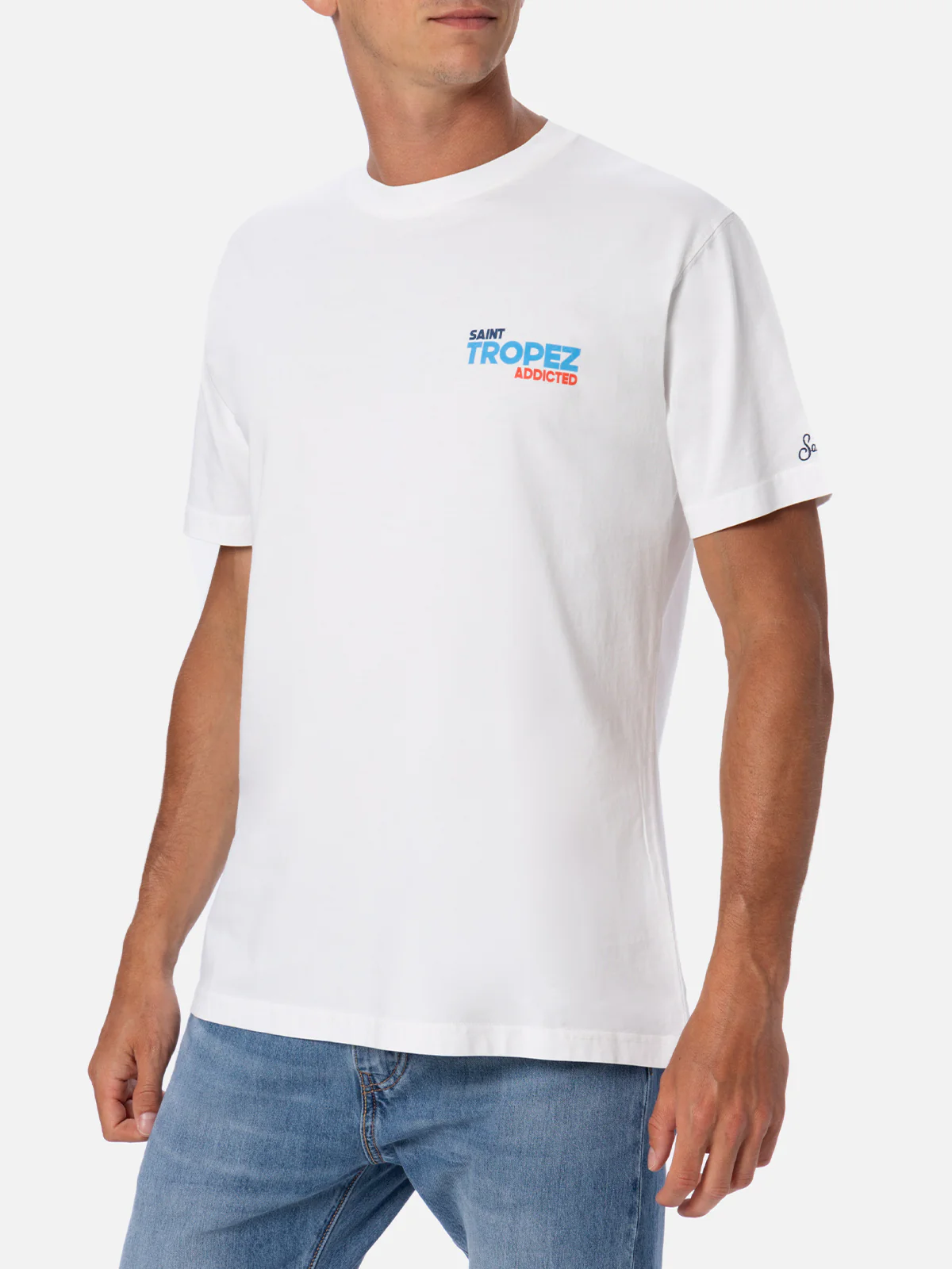 T-shirt en coton pour homme avec imprimé carte postale de Saint-Tropez