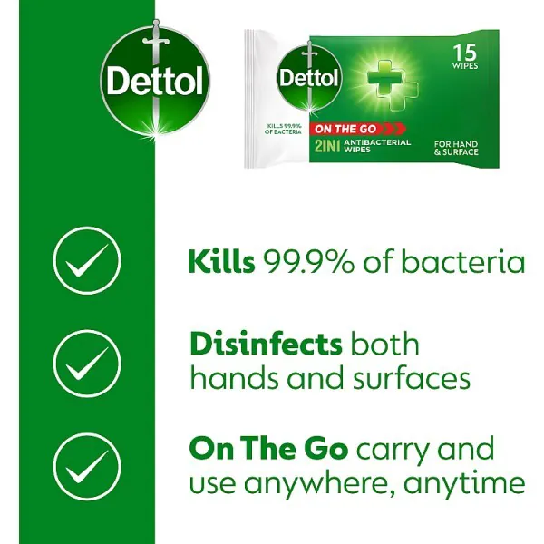 Dettol On the Go antibakteriella våtservetter för händer och ytor 15 st
