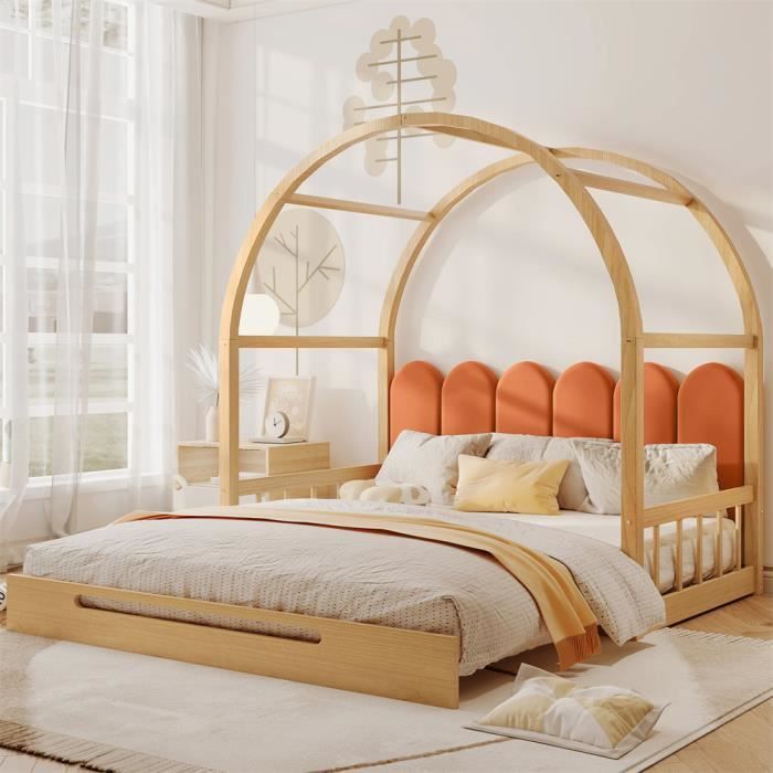 DRIPEX Lit de pavillon voûté extensible,lit coulissant,lit enfant avec coussin en velours,naturel et orange (140x100cm/140x200cm)