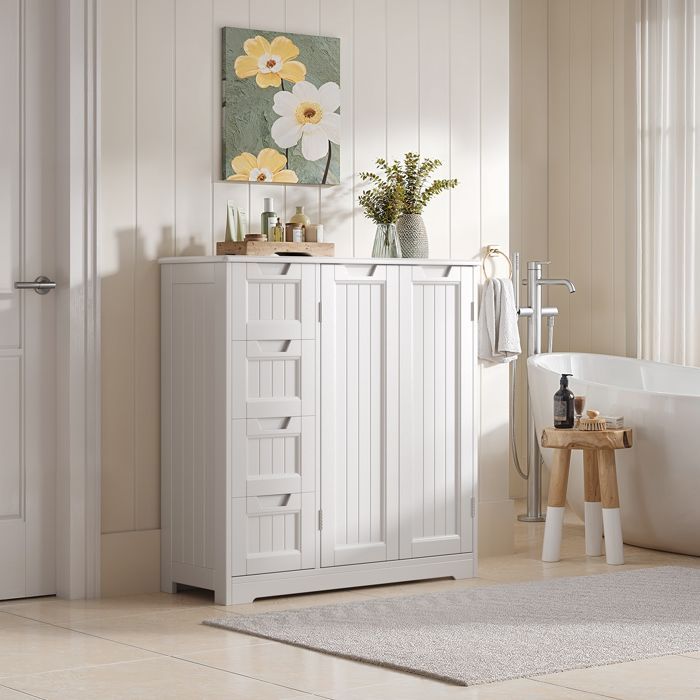 Meuble Bas Salle de Bain - Bealife - Rangement Moderne - 2 Portes - 4 Tiroirs - Étagères Réglables - Blanc - 81x30x83cm