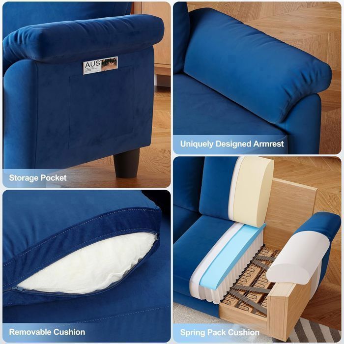 Canapé 2 Places en Velours Bleu pour Salon,Petits Espaces,Chambre,Contemporain , Fauteuil  Scandinave avec 2 coussins,178x76x87cm