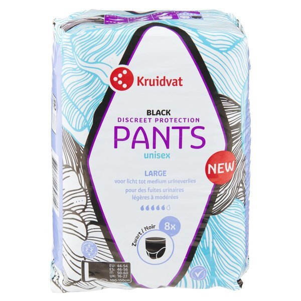 Kruidvat Diskretne Zaštitne Unisex Velike Gaćice za Inkontinenciju<br>crne, veličina L, 8 komada