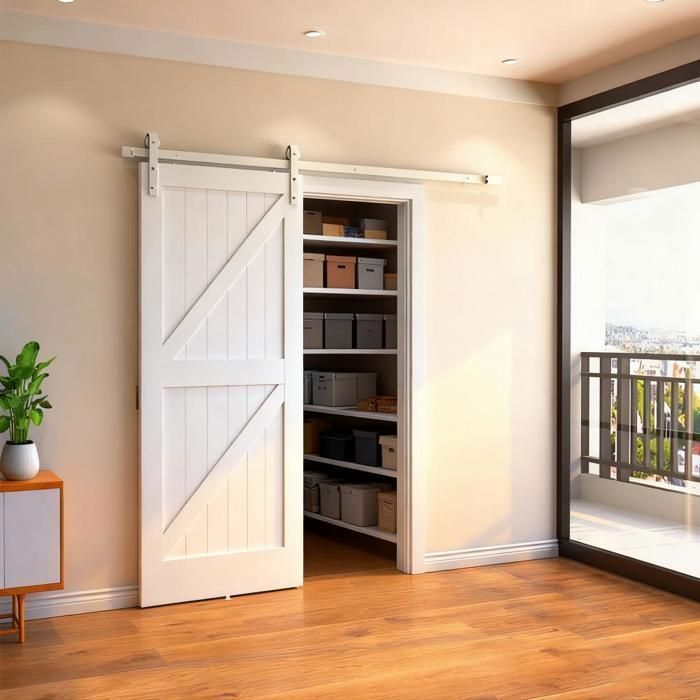 Herrajes sencillos para puerta corredera de granero con riel colgante y rodillos - YIYI - 200 cm - Blanco