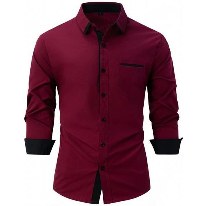 Camicia da uomo a maniche lunghe slim fit, elegante e casual, con taschino a contrasto - bordeaux