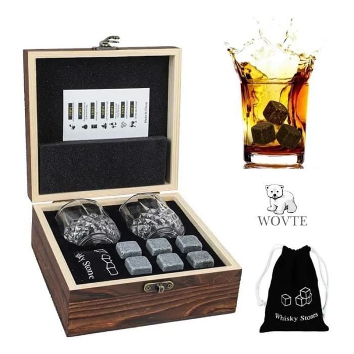 6PCS Pierres à whisky WOVTE, Pierres de refroidissement de whisky en granit naturel et boîte en bois élégante, glaçons