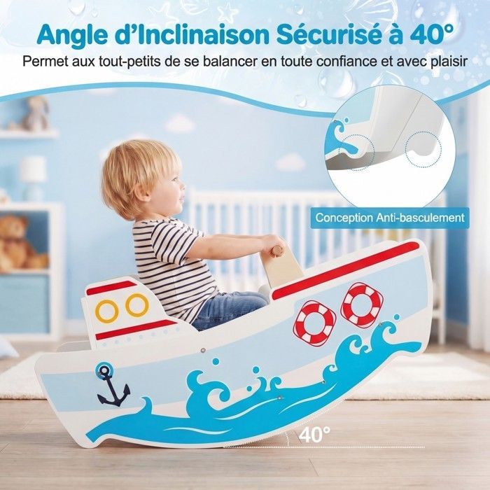 Jouet à Bascule COSTWAY pour Enfants 1 - 5 Ans,Bateau à Bascule Bois avec Tthème Nautique Charge Max.:50 kg