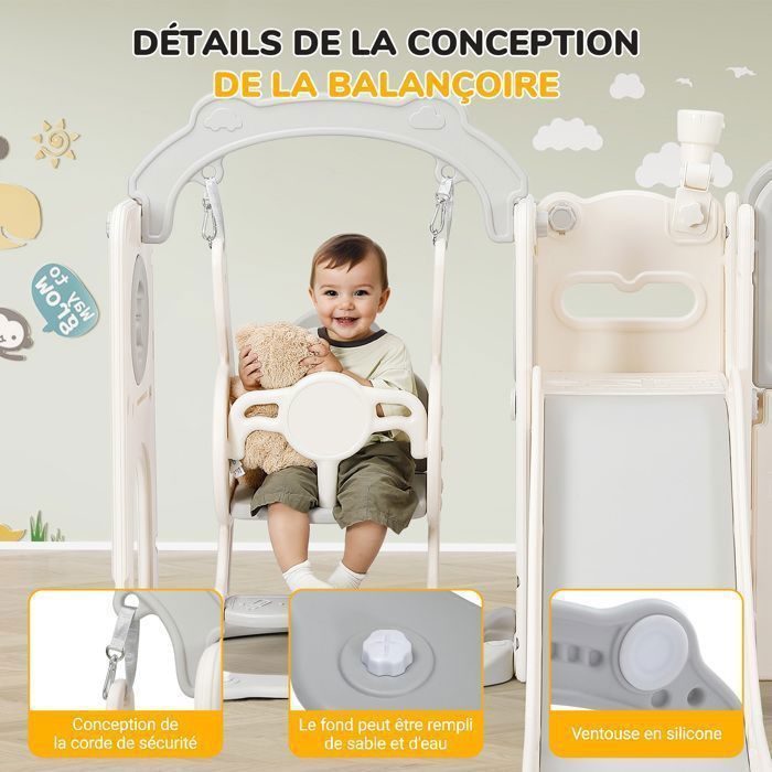 Toboggan et Balançoire Enfant, 9 en 1 Toboggan avec Balançoire,Télescope, Escaliers, Lancer d'anneaux, Panier de Basket, Beige gris