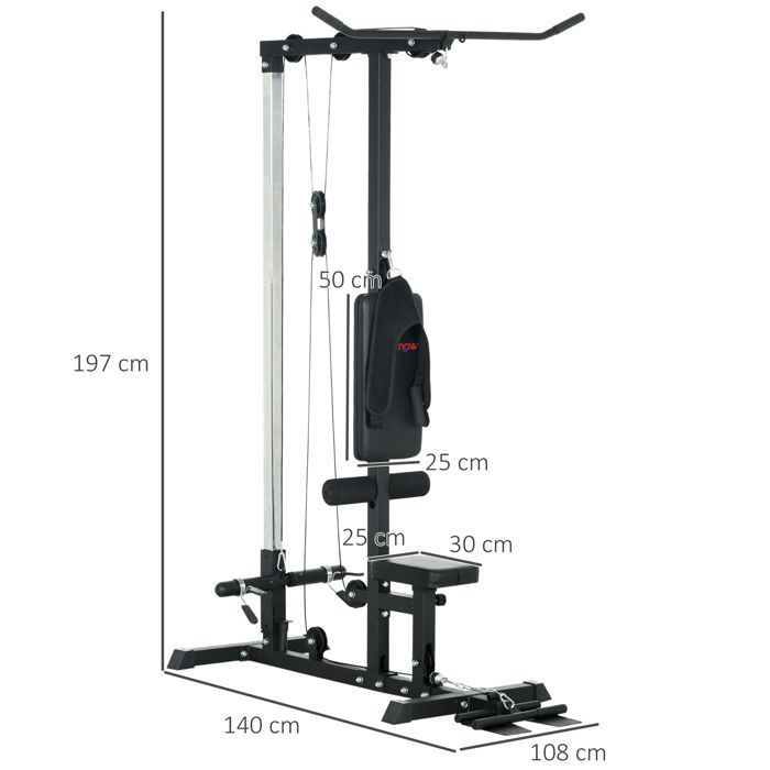 Vægttræningsstation - SPORTNOW - pulleysystem til bryst- og latissimus dorn pulldowns og overkropsøvelser - stål - sort
