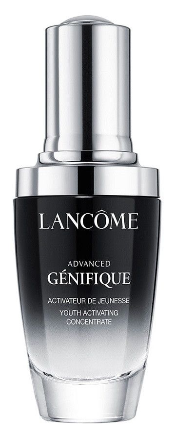 „Pažangusis „Génifique Microbiome“ senėjimą stabdantis serumas, jaunystę aktyvuojantis koncentratas „Lancôme“. Prabangūs drėkinamieji ir maitinamieji ingredientai.