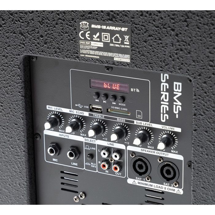 Sistema audio DJ completo da 1200 W BM SONIC BMS-15-ARRAY-BT, include subwoofer da 38 cm, altoparlanti satellite con USB/Bluetooth, supporti per cavi e effetto luce.