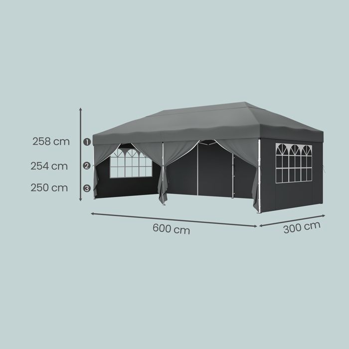 Tonnelle, Protection Solaire, Tente de Jardin, Portable, avec Parois, Usage Extérieur, 6 x 3 m, Gris