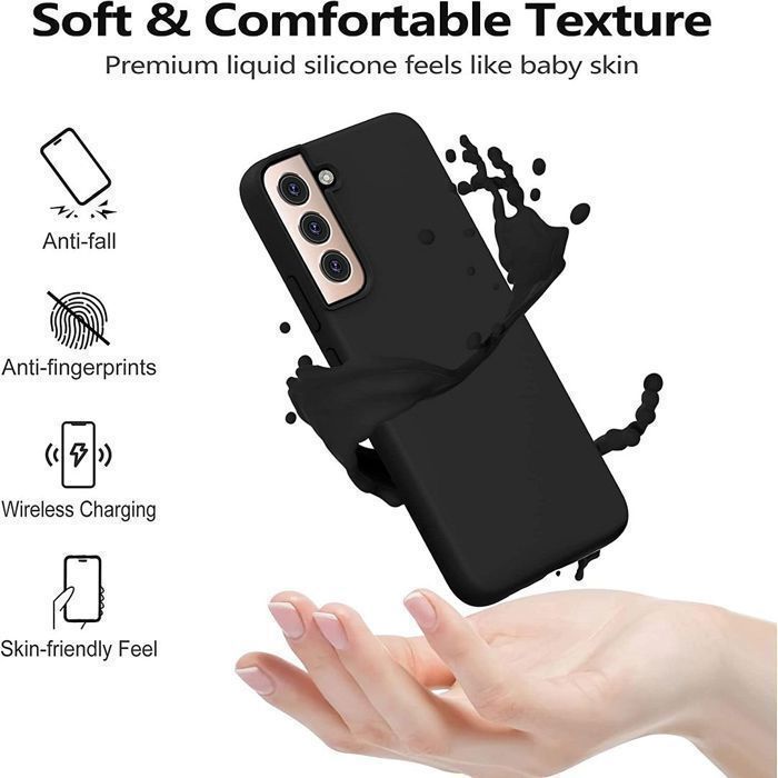 Protective Case - BOOLING - for Samsung Galaxy S22 - Liquid Silicone - Black + 2 Tempered Glass Screen Protectors