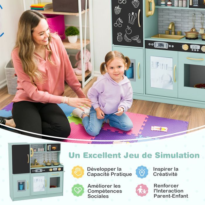 Cocina de juguete de madera COSTWAY para niños de 3 a 6 años con teléfono, pizarra, microondas, máquina de hielo y 7 accesorios - Verde