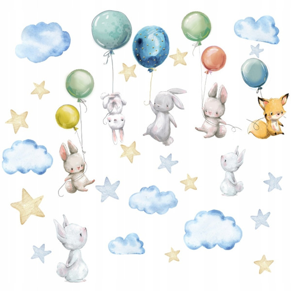 Naklejki Dla Dzieci Króliczki Balony Chmurki 50x100cm