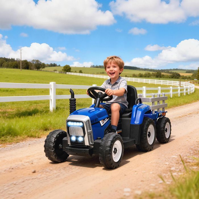 Tractor eléctrico HOMCOM con remolque desmontable, mando a distancia, reproductor de música MP3, pantalla y luces, para niños de 3 a 6 años, color azul.