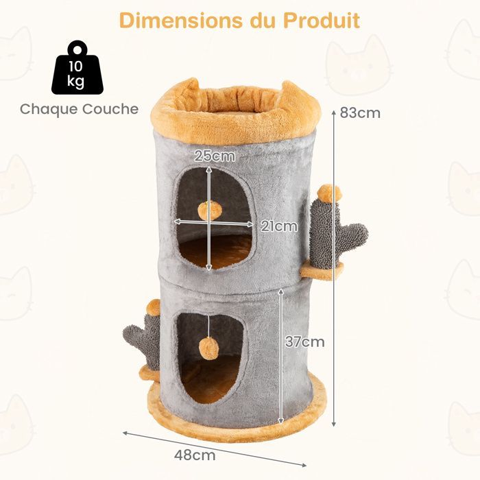 Arbre à Chat Mignon à 2 Étages COSTWAY, 2 Condos, 2 Boules en Peluche Suspendues, Perchoir Supérieur, Cachette en Forme de Tonneau