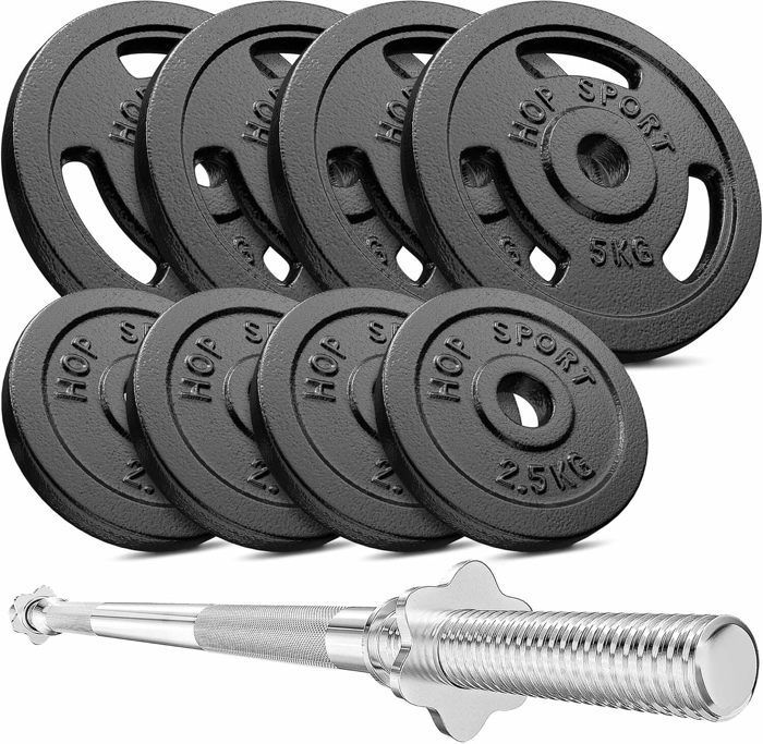 Hop-Sport 39kg gietijzeren halterset met halterstang en gewichtsschijven, complete halterset voor krachttraining thuis