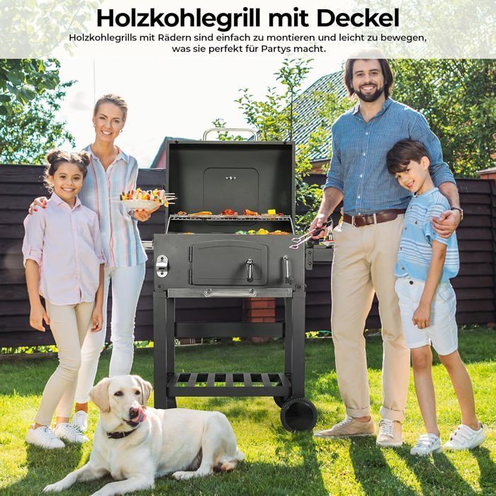Barbecue Charbon de Bois XL,Grill à Charbon pour Camping et Jardin,BBQ Smoker,Réglable en Hauteur,avec Thermomètre et Roulettes