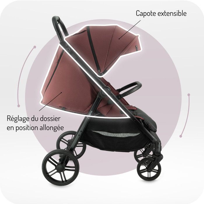 MoMi CLARA - Stroller 0m+ up to 22 kg - Rotating bar - Adjustable handle - Accessories included: bag, rain cover - Burgundy