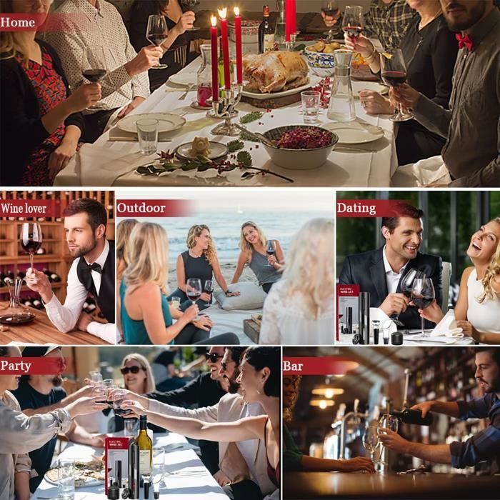 Sacacorchos eléctrico recargable 6 en 1: cortador de cápsulas, aireador y vertedor de vino, tapón de vino - para uso doméstico y en restaurantes.