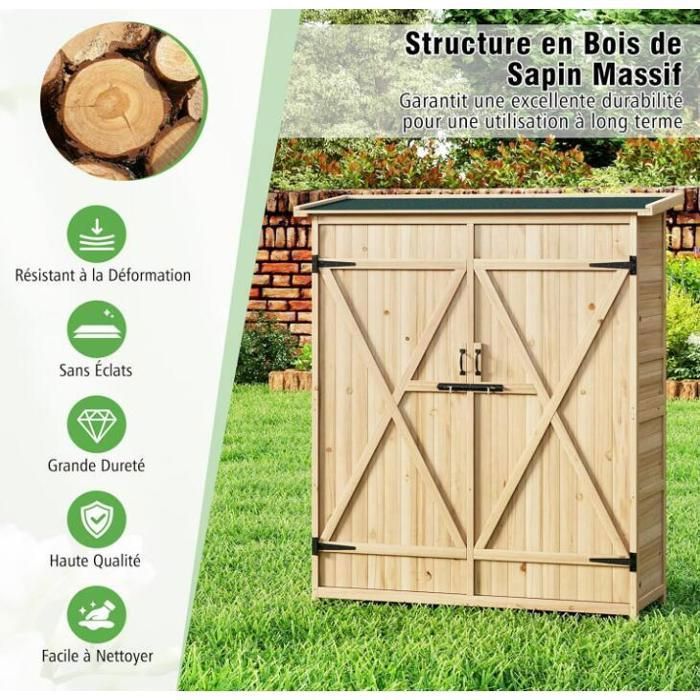 Abri de Jardin en Bois Massif - RELAX4LIFE - Toit Asphalte Incliné - 140X50,5X163CM - Etagère Amovible - Double Porte Verrouillable